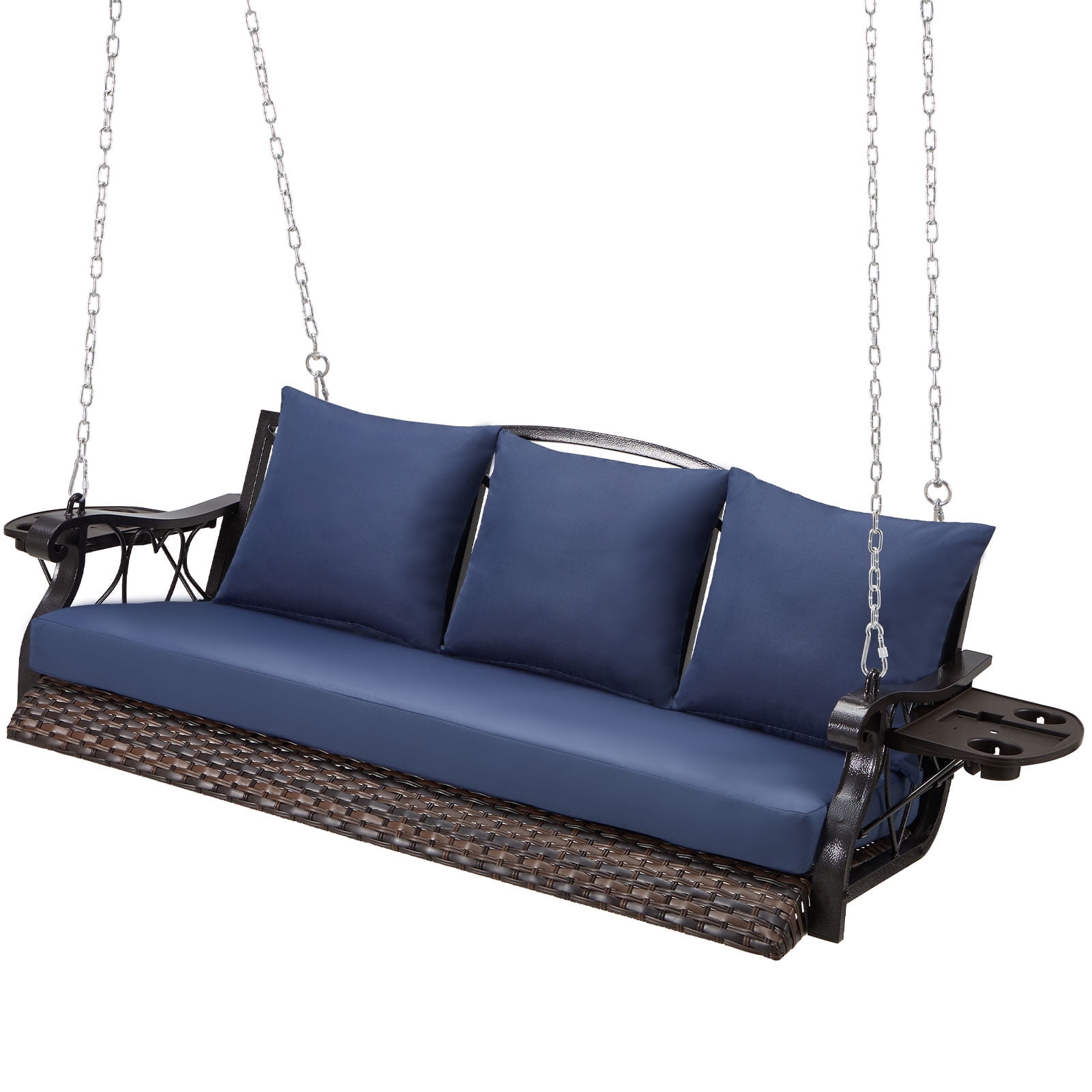 Three Chain Chair ZZW 3-Person Wicker Porch Swing Chair Heavy Duty 900 LBS w/Cup-Holder ...