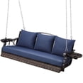 thumbnail image 1 of ZZW 3-Person Wicker Porch Swing Chair Heavy Duty 900 LBS w/Cup-Holder & Steel Chains for Deck & Backyard & Garden (Brown/Blue), 1 of 7