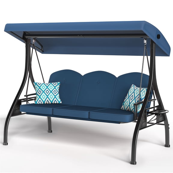 ZZW 3-Seat Porch Swing with Stand and Adjustable Canopy, 800lb Capacity, Removable Cushion