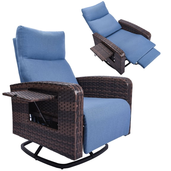 ZZW Patio Wicker Swivel Glider Recliner Chair, Outdoor Rattan Lounge Chair with Built-in Tray Table, 360° Rotation and Adjustable Backrest for Yard Deck Poolside, Brown/Light Blue