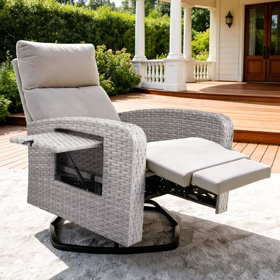 ZZW Patio Wicker Swivel Glider Recliner Chair, Outdoor Rattan Lounge Chair with Built-in Tray Table, 360° Rotation and Adjustable Backrest for Yard Deck Poolside, Gray/Beige