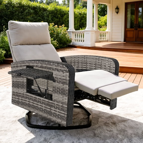 ZZW Patio Wicker Swivel Glider Recliner Chair, Outdoor Rattan Lounge Chair with Built-in Tray Table, 360° Rotation and Adjustable Backrest for Yard Deck Poolside, Mix/Beige