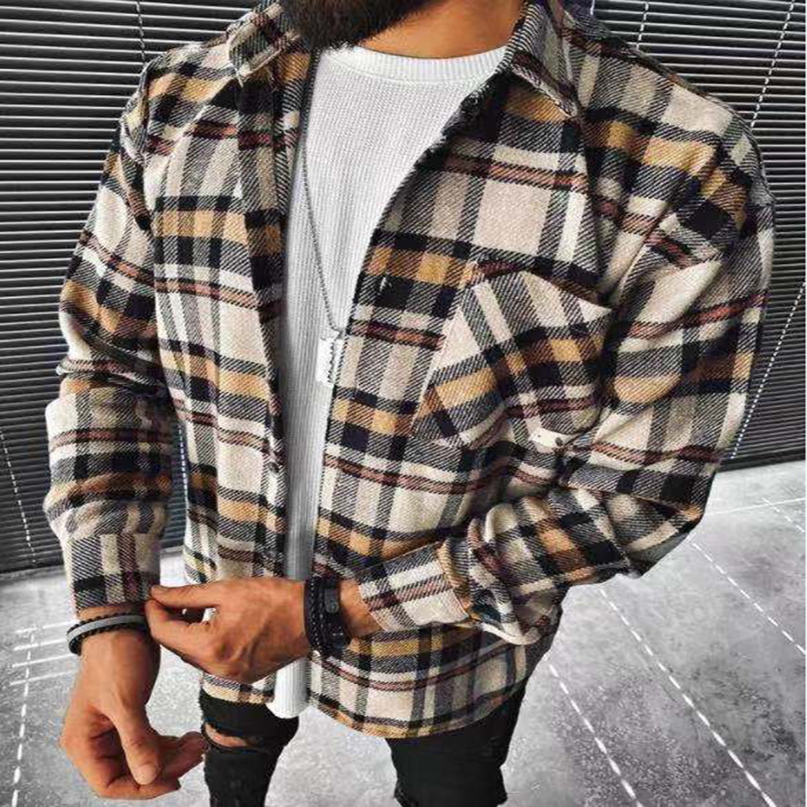 ZZWXWB Jackets for Men Men's Single-breasted Casual Plaid Woolen Shirt ...