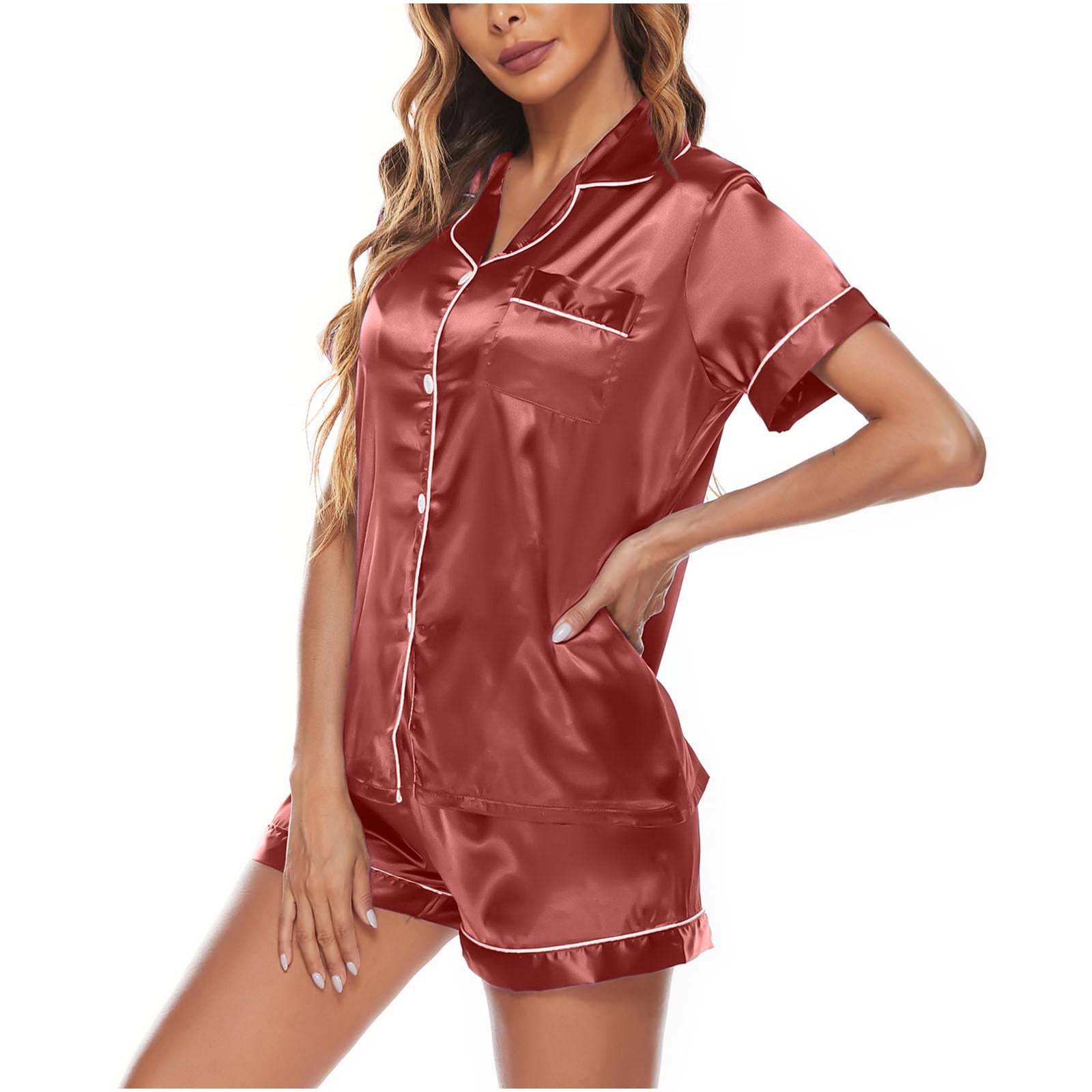 Women's Satin Solid Night Suits with Shorts set | Peach