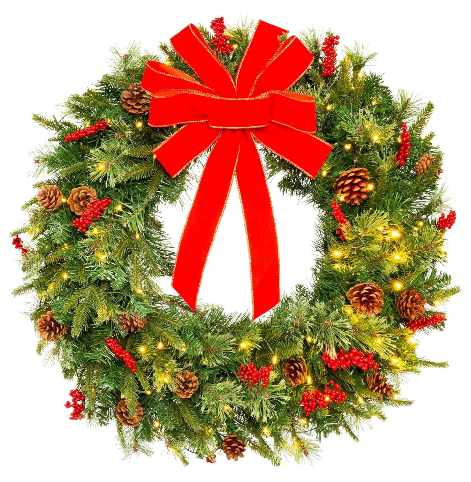 30" Green Pre-Lit Christmas Wreath with Red Ribbon and Pinecones