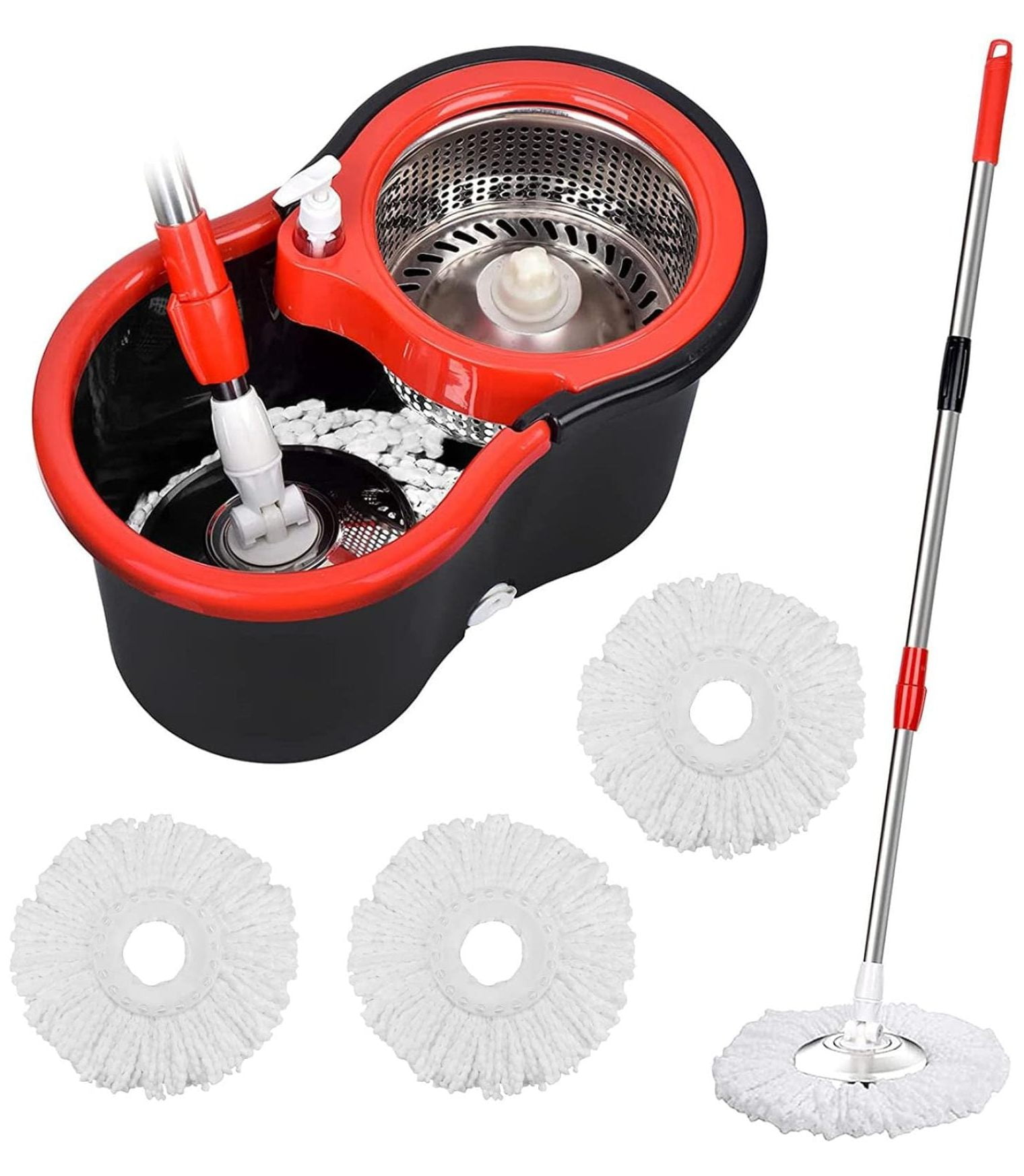Black and Red 360° Spin Mop and Bucket Set with Microfiber Refills