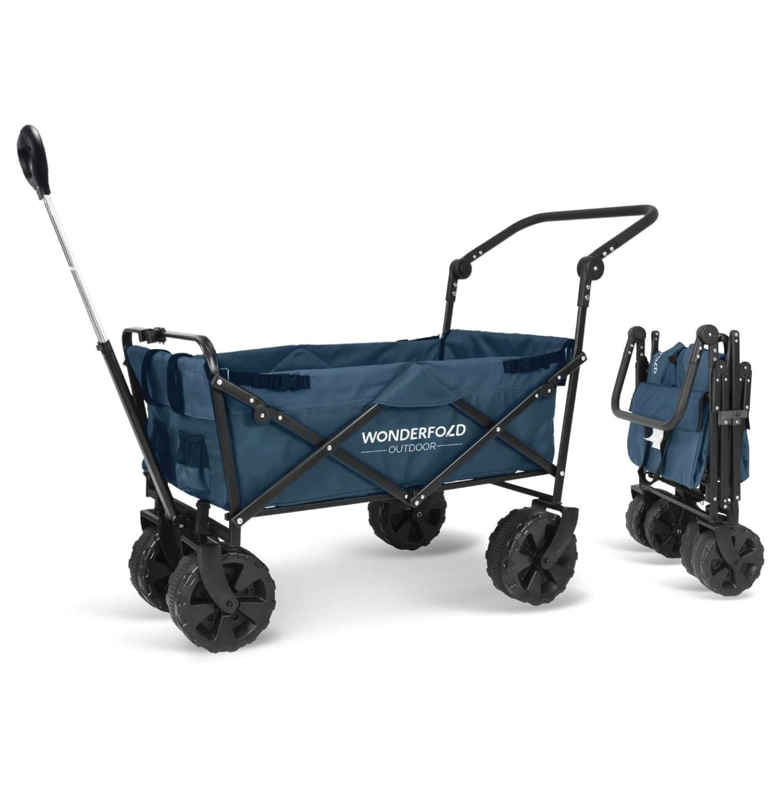 ZZYY Push & Pull Utility Folding Wagon with Wide Beach Tires Featuring Adjustable Push Handle, Telescopic Pull Handle with Spring Bounce Technology, and Storage Pouch, Blue