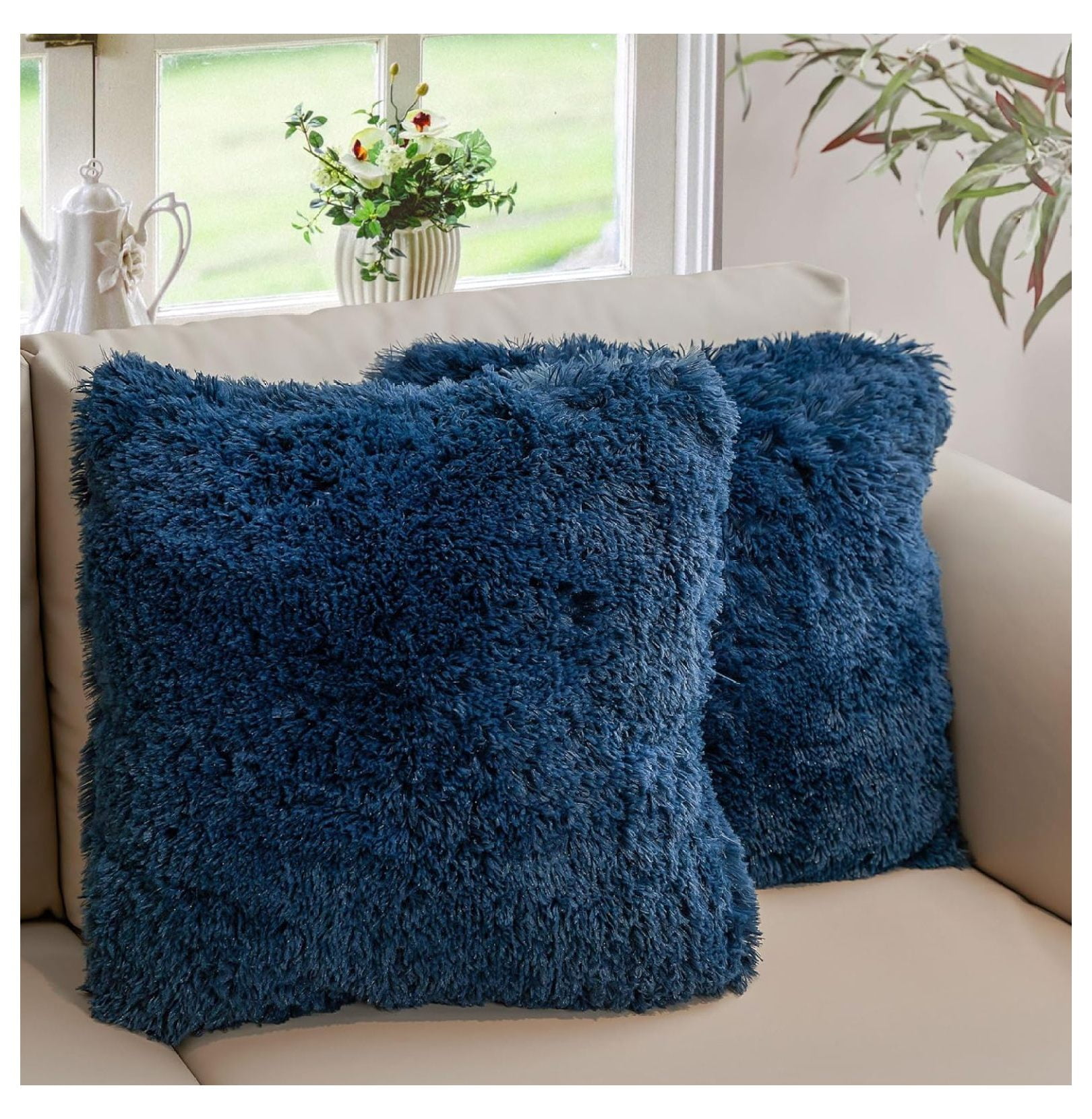 Navy Blue Faux Fur 18" Square Throw Pillow Set