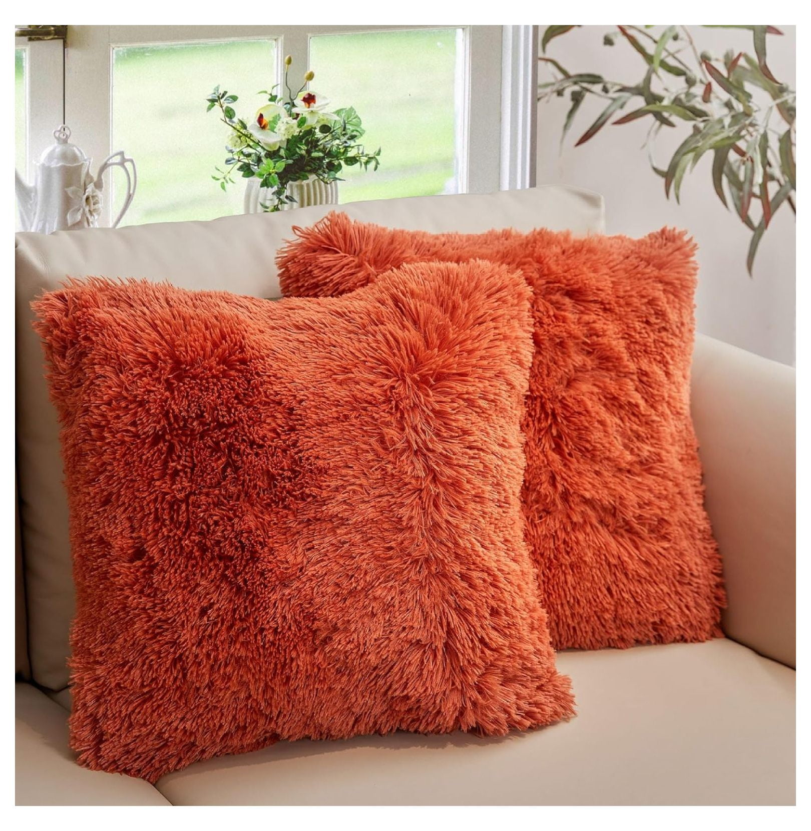 Rust Orange Shaggy Faux Fur Throw Pillows Set of 2