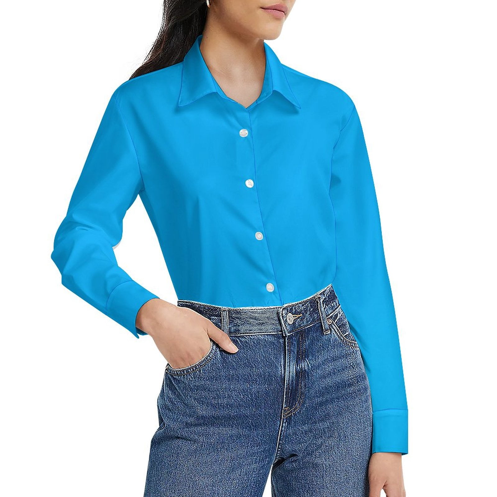 ZZZHY Bright Electric Blue35 Women's Button Down Shirts, Long Sleeve
