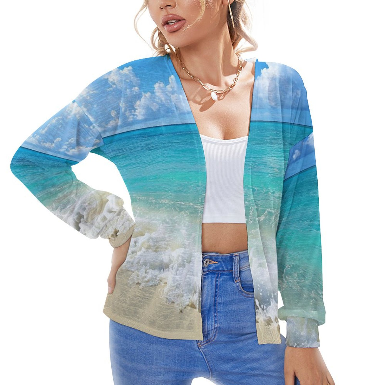 ZZZHY Crystal Clear Ocean Waves297 Graphic cardigan for women