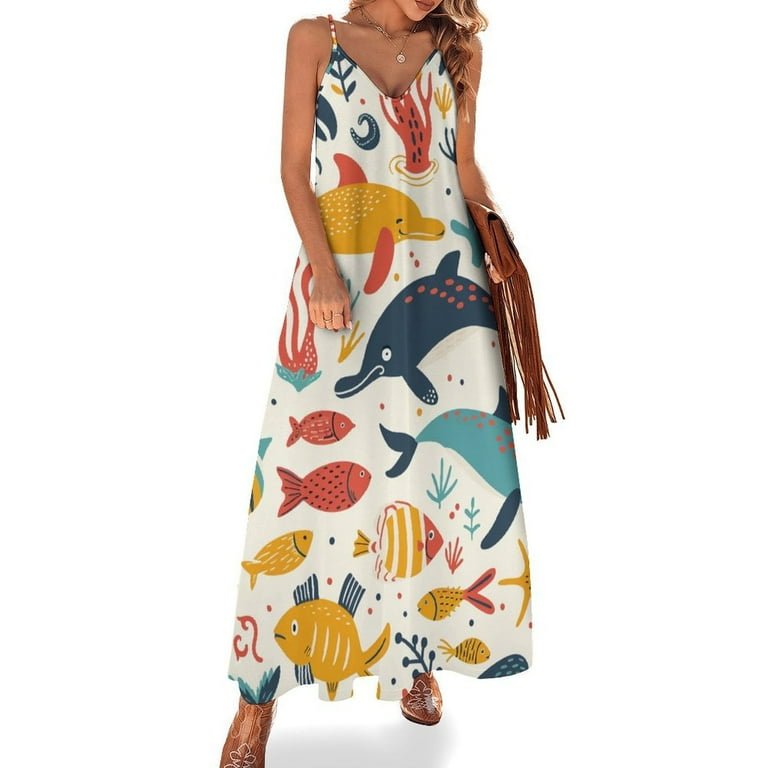 ZZZHY Sea Life Fun 18 Women s Casual Halter Maxi Dress Backless Sundress Loose Flowy for Summer Beach Travel Vac