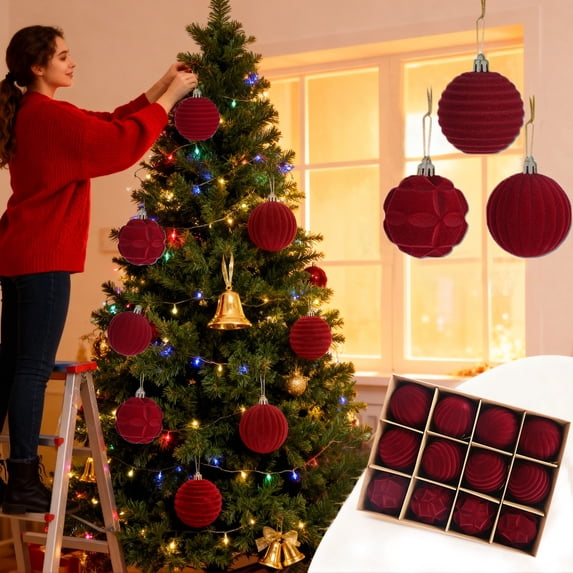 ZZkhGO 12-Piece Flocked Christmas Balls, Red 2.36 Inch Velvet Christmas Tree Ornaments, Holiday Decor Set for Tree Party Wedding Home, Red