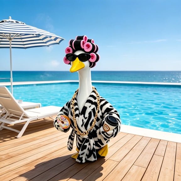 ZZkhGO 23-Inch Porch Goose Bathrobe, Outdoor Pool Garden Decor Goose Statue Clothing, Fuzzy Wrap with Curlers Sunglasses for Statue Display, Black