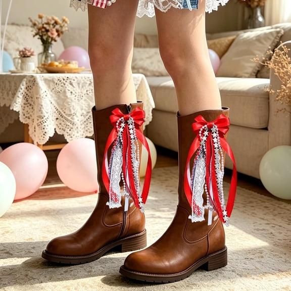 ZZkhGO 2Pcs Cowboy Boot Bows, Red Blue Nylon Spandex Boot Tassel Accessories for Cowgirls, Wedding Music Festival Boot Decor with Pearl Tassels for Western Outfit, Red