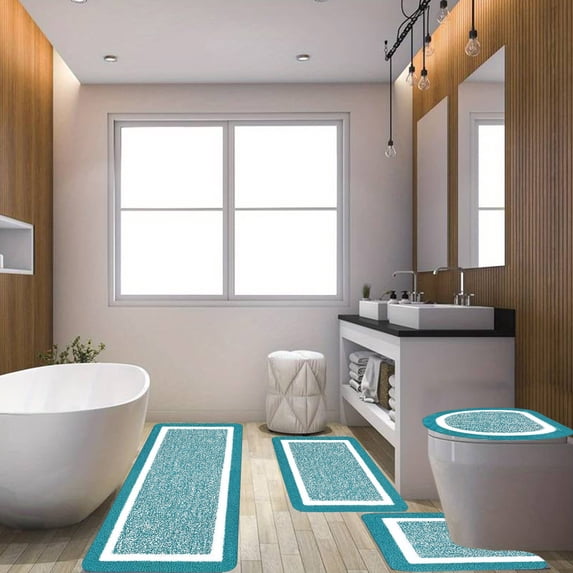 ZZkhGO 4 Piece Bathroom Rugs Set with Lid Cover and U Shaped Toilet Mat, Absorbent Microfiber Plushes Non Slip Bath Mats, Washable Shower Rugs for Bath Tub Floor Bedroom