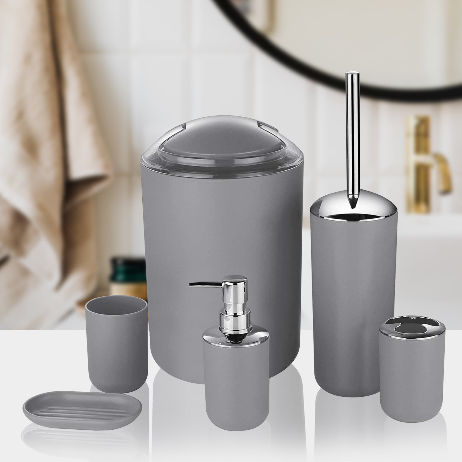 ZZkhGO 6-Piece Bathroom Accessory Set, Complete PP Plastic Toilet Brush Soap Dispenser, Organized Kit with Tumbler Trash Can