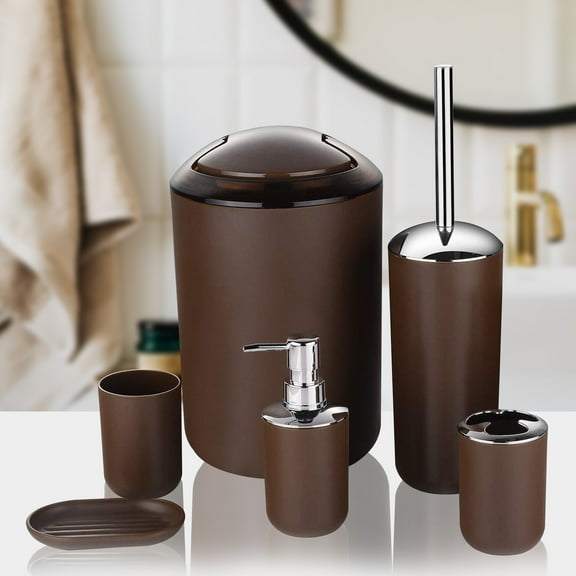ZZkhGO 6-Piece Bathroom Accessory Set, Complete PP Plastic Toilet Brush Soap Dispenser, Organized Kit with Tumbler Trash Can