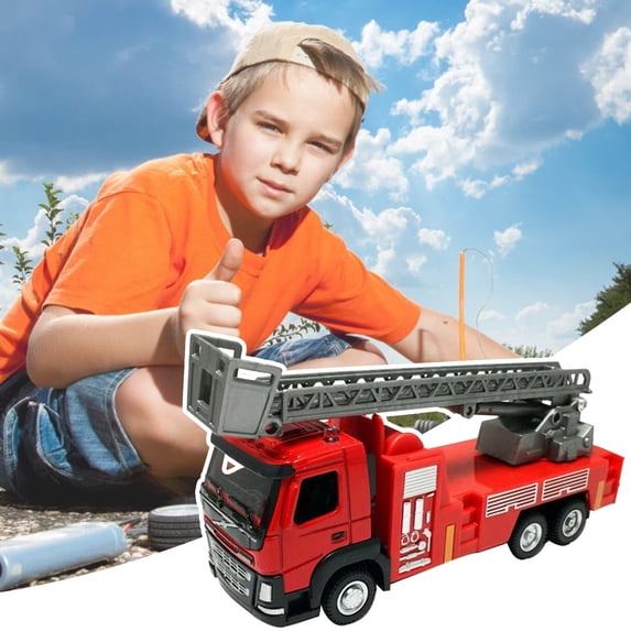 ZZkhGO Alloy 1:50 Ladder Fire Truck Model, Metal Water Sliding Fire Engine Toy, Large Construction Vehicle for Kids