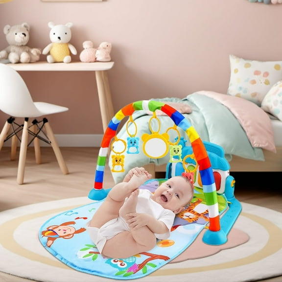 ZZkhGO Baby Play Mat with Piano, 5 Toy Activity Gym for Infants, Removable Soft Playmat for Tummy Time Floor Play