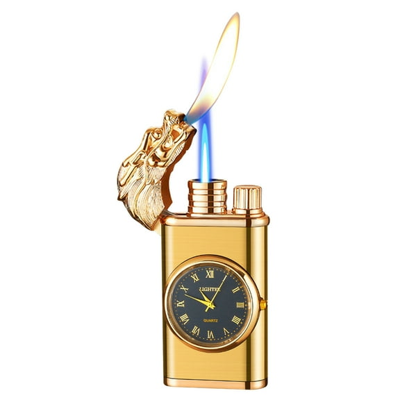 ZZkhGO Clock Lighter, Double Fire Windproof Blue Flame Lighter with Watch, Inflatable Metal Lighter with Quartz Dial for Cigar Fashion Gift
