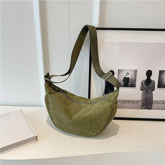 ZZkhGO Corduroy Large Crossbody Shoulder Bag, Women Half Moon Slouchy Purse, Multi Pocket Cloth Bag for Work, Class, Shopping, Casual Outing