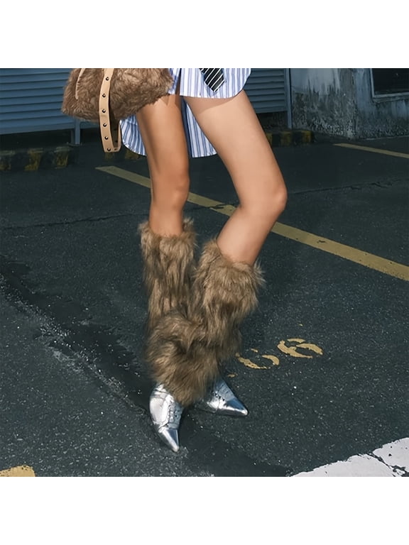 Faux Wolf Hair Leg Warmers, Soft Fuzzy Boot Covers, Warm Winter Accessories for Christmas Holiday Party Festival Outfits