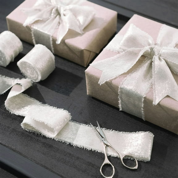 ZZkhGO Flash Bronzing Chiffon Ribbon, Hand Tear Frayed Edge Silk, Christmas Bow Gift Wrap Decoration