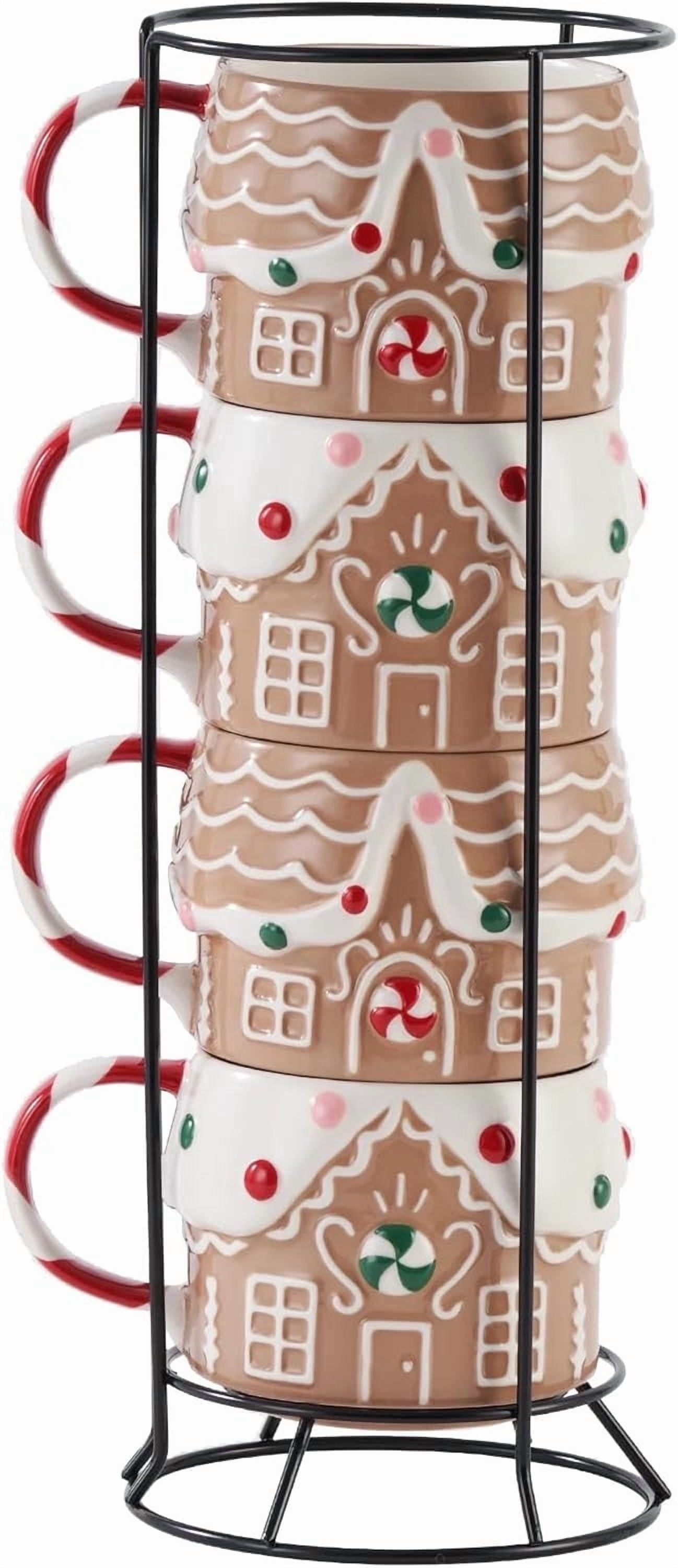 ZZkhGO Gingerbread House Mugs, Stackable Stoneware Holiday Drinkware, Christmas Collectible Cups for Cocoa Tea
