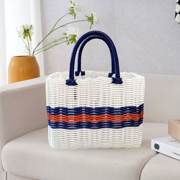 ZZkhGO Hand Woven Storage Basket, Plastic Portable Box with Handle, Multipurpose Organizer for Home Bathroom Laundry Shopping