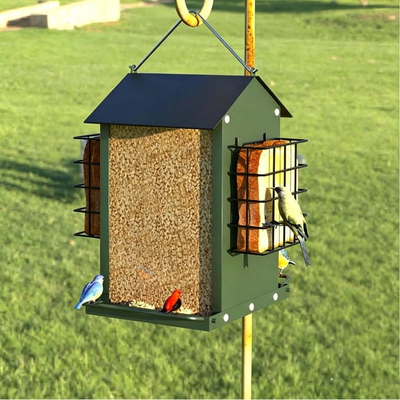 ZZkhGO Hanging Bird Feeder, Rust Proof Metal Suet Feeder for Courtyard Balcony, Large Capacity Hopper Bird House with Clear Window for Garden Backyard