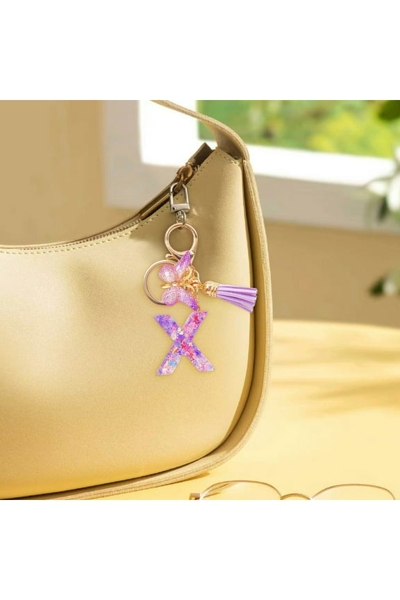 Initial Letter Keychain, Purple Tassel Accessory, Cute Resin Alphabet Charm for Wallet Backpack Bag