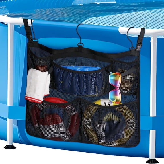 ZZkhGO Large Mesh Pool Storage Bag, Hanging Organizer with Adjustable Straps, Ball Float Toy Storage Net for Fence Above Ground Pools Indoor Outdoor