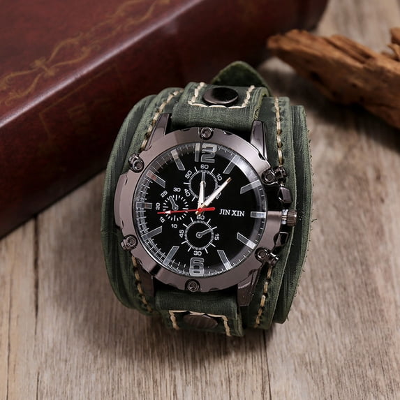 ZZkhGO Men's Steampunk Wrist Watch, Vintage Hand Sewn Cowhide Leather Watch, Quartz Movement Retro Style Watch for Men