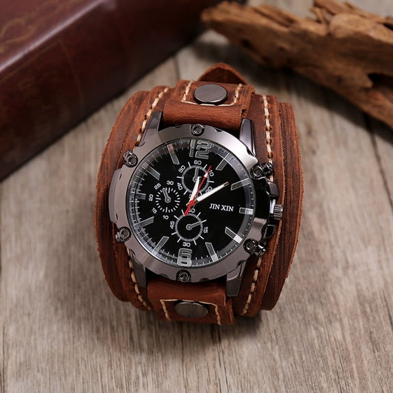 ZZkhGO Men's Steampunk Wrist Watch, Vintage Hand Sewn Cowhide Leather Watch, Quartz Movement Retro Style Watch for Men