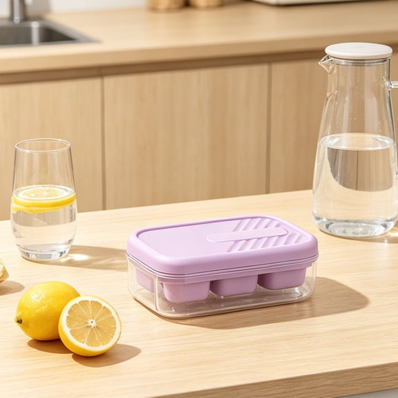ZZkhGO Mini 6 Cavity Silicone Tray, Press Type Ice Maker with Lid and Clear Base, Small Ice Molds for Freezer Home Beverage Drinks Cocktail, Purple