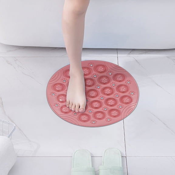 ZZkhGO Non-Slip Circular Bathroom Floor Mat, PVC Suction Cup Shower Anti-Fall Mat with Hanging Loop, Foot Massage Exfoliating Bath Mat for Tub Shower Room, Pink