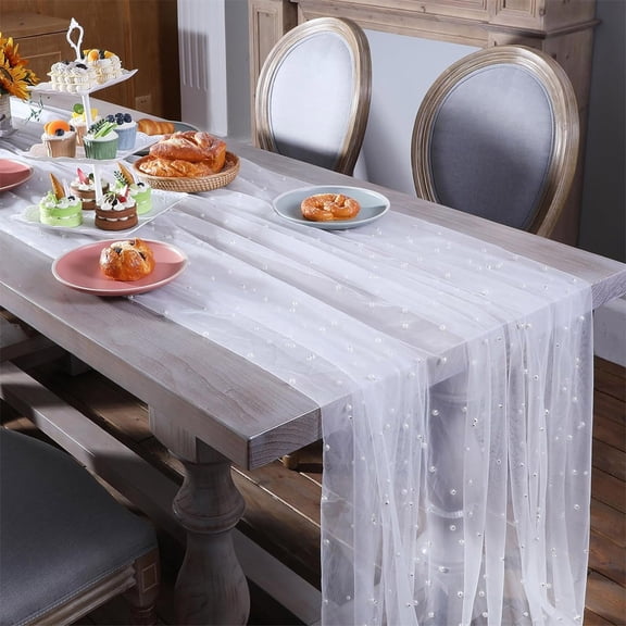 ZZkhGO Pearl Gauze Table Flag, Sheer Tablecloth with Pearls for Wedding Arch Decoration, 79x63 Inch Soft Fabric Table Cover for Bride Birthday Party Home Decor