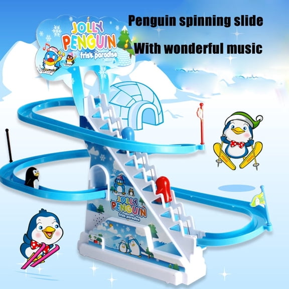 ZZkhGO Penguin Sliding Track Puzzle Toy, Music Train Track Race Game with Stairs, Self Assembly Penguin Climbing Toy for Kids