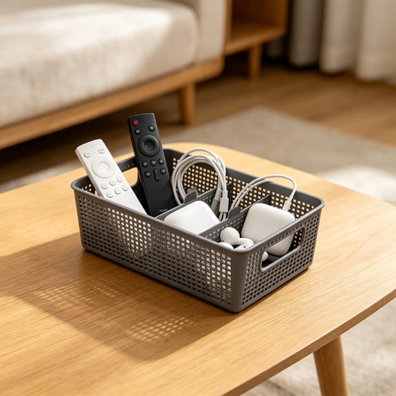 ZZkhGO Plastic Divided Storage Basket, Removable Inserts Multi Compartment Organizer, Lattice Drawer Organizer with Handles for Kitchen Counter Shelf Cabinet, Gray