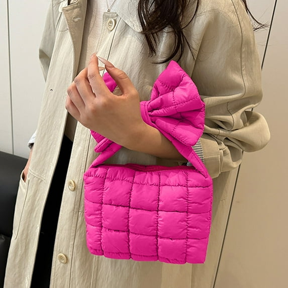 ZZkhGO Pleated Bow Handbag for Women, Solid Color Shoulder Crossbody Bag, Polyester Casual Purse for Daily Outing Travel