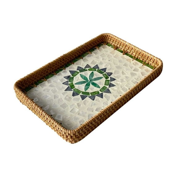 ZZkhGO Rattan Woven Storage Tray, Seashell Decorative Living Room Coffee Tray, Picnic Snack Fruit Serving Platter