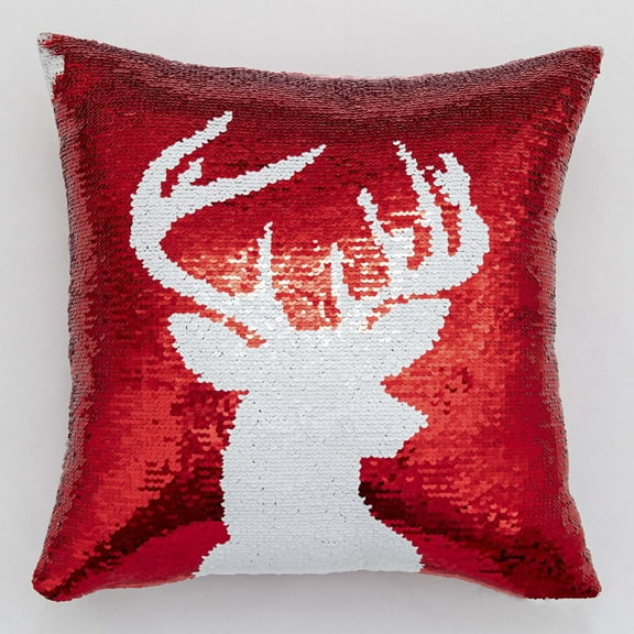 ZZkhGO Red Sequins Deer Head Pillow, Removable Reversible Christmas Throw Pillow, Festive Decorative Pillow for Sofa Bed