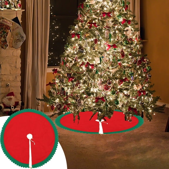 ZZkhGO Solid Color Contrast Macrame Christmas Tree Skirt, 35.4 Inch Non-Woven Tree Apron with Lace Trim, Festive Holiday Decor for Home Living Room Commercial Use, Red