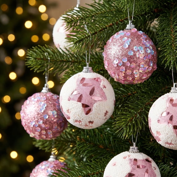 ZZkhGO Sparkling Sequin Foam Christmas Baubles, 12-Pack 6cm Hanging Ornament Set with Built-in Rope, Festive Holiday Tree Decor for Home Mantel Window Display, Pink