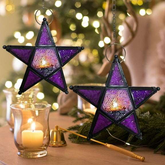ZZkhGO Star Candlestick, Windproof Stained Glass Candle Holder, Five Pointed Star Lantern for Holiday Decor