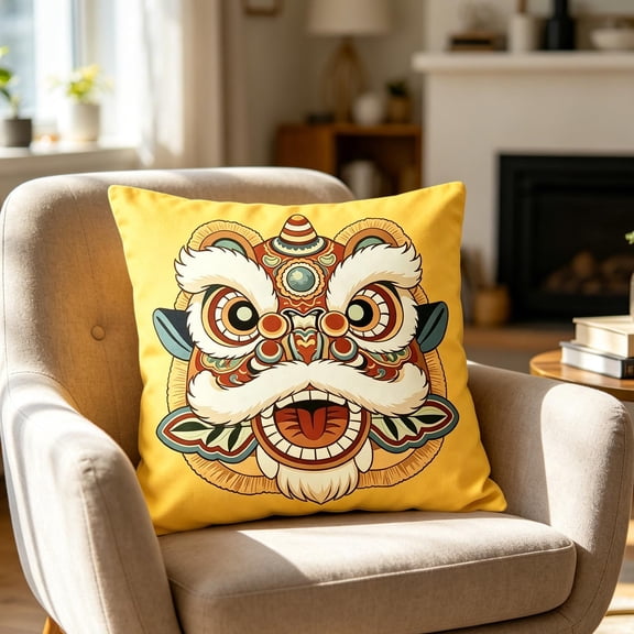ZZkhGO Traditional Lions Head Decorative Pillow Cushion, Soft Flock Square Throw Pillow Cover, 17.7x17.7 Inch Home Accent Cushion for Sofa Couch Bedroom Living Room, Yellow