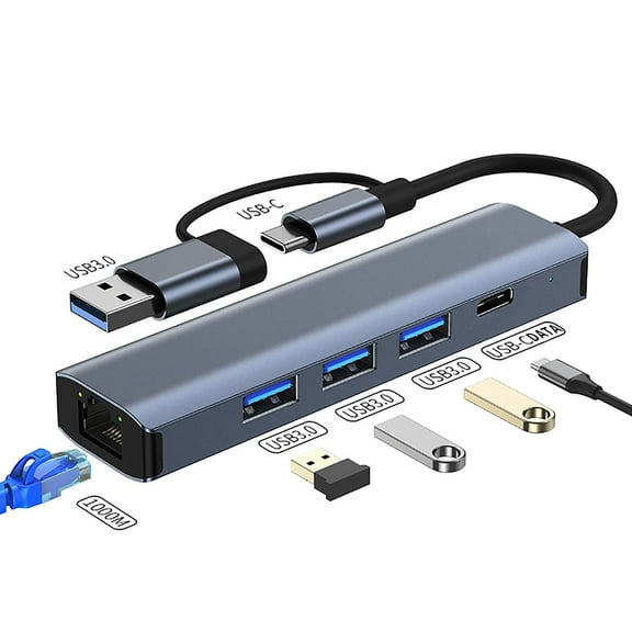 ZZkhGO USB 3.0 to Ethernet Adapter 5-in-1, Gigabit LAN Network Hub with Type-C Port for Laptop PC, Multiport USB Hub Computer Device