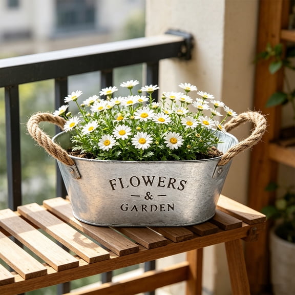 ZZkhGO Vintage Metal Planter Oval, Weather Resistant Iron Flower Pot with Rope Handles, Rustic Herb Container for Indoor Outdoor Balcony Farmhouse Decor