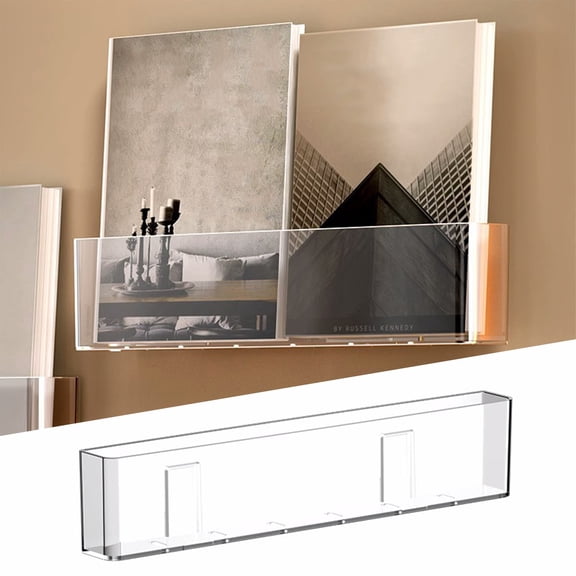 ZZkhGO Wall Mounted Bookshelf, No Punch Storage Shelf for Living Room, Transparent Magazine Rack with Sturdy Orange Base for Kitchen Spice Jar Organizer